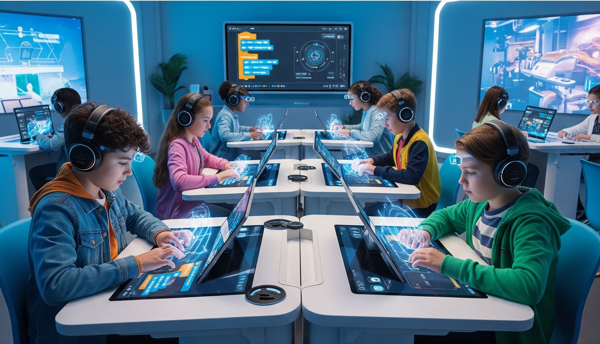 Diverse group of kids in a modern classroom learning coding on laptops with holographic displays